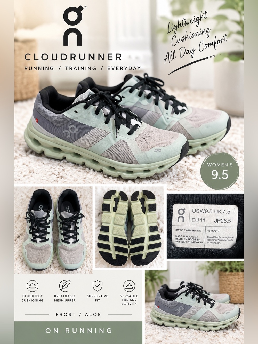 On Cloudrunner Women’s 9.5 Frost Aloe Running Shoes Sneakers